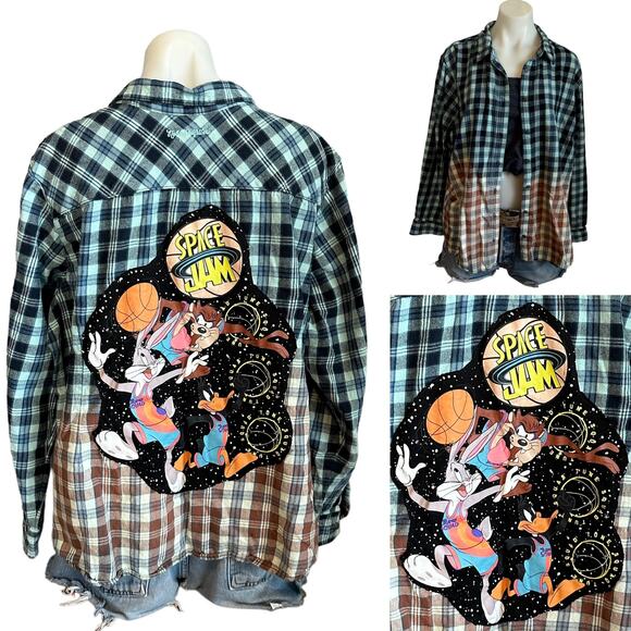 Space Jam Flannel Plaid Shirt 3XL Oversize One of Kind Blue Shacket Bugs Bunny - Picture 6 of 6